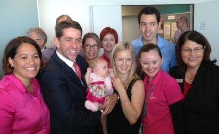 Health Minister Cameron Dick, Brisbane Central MP Grace Grace and A/ED for Women's and Newborn Services Tami Photinos with Helen Saggers, the first woman to give birth at RBWH under new private midwife arrangements.