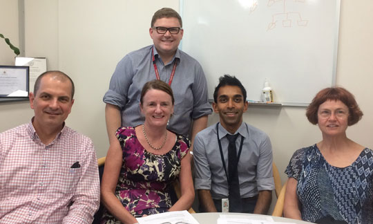 Dr Andrew Mallett (back) with renal and genetic specialists Peter Trnka, Dr Julie McGaughran, Dr Chirag Patel and Dr Helen Healy.