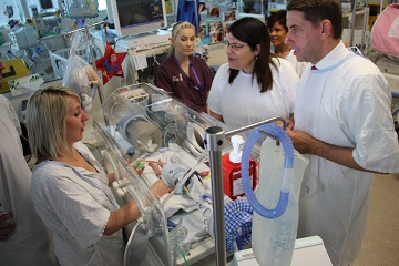 Health Minister Cameron Dick and Member for Brisbane Central Grace Grace visit the Grantley Stable Neonatal Unit at RBWH during the launch of NeoRESQ.