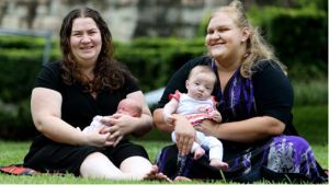 Queensland new mums Shannon James and Emma Kennedy took part in the study while pregnant with now 6-week-old Peta and 6-month-old Emma. Photo: Tara Croser, courtesy Sunday Mail.