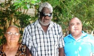Pormpuraaw Elders Norma Teddy and Danny Coleman with IPJ Community Engagement Officer Horace Nona.