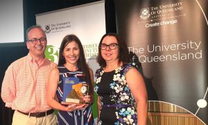 Anna-Liisa Sutt accepting the 3MT award with thesis supervisors Professor John Fraser (left) and Dr Petrea Cornwell.